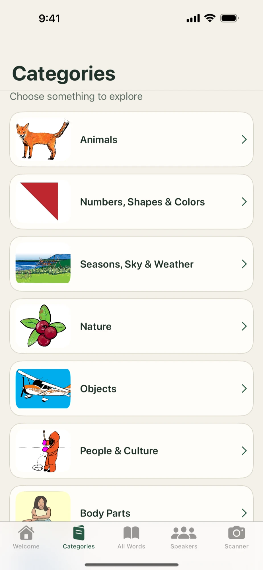 Categories list with illustrations